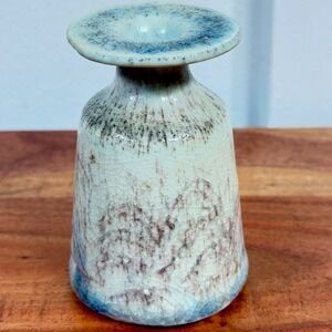 Artisan Studio Pottery Crackle Glaze Bud Vase Blue Brown Signed 4.5 Inch